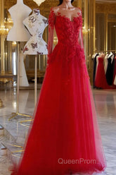 Red round neck tulle lace long Evening Prom Dresses, red evening Dresses