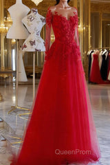 Red round neck tulle lace long Evening Prom Dresses, red evening Dresses