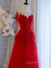 Red round neck tulle lace long Evening Prom Dresses, red evening Dresses