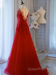 Red round neck tulle lace long Evening Prom Dresses, red evening Dresses