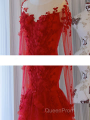 Red round neck tulle lace long Evening Prom Dresses, red evening Dresses