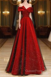 Red Satin And Black Tulle A-Line Off Shoulder Party Dresses, Simple A-Line Evening Prom Dresses