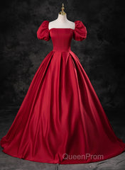 Red Satin Off Shoulder Long Simple A-Line Wedding Party Dresses, Red Long Evening Dresses