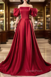 Red Satin Off Shoulder Long Simple A-Line Wedding Party Dresses, Red Long Evening Dresses