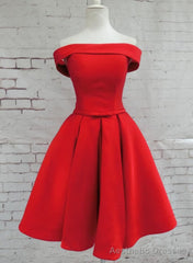 Red Satin Short Party Dress, Red Off Shoulder Homecoming Dress