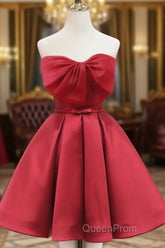 Red Satin Short Evening Prom Dresses Party Dresses, Lovely Red Knee Length Homecoming Dresses