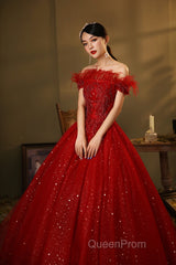 Red Scoop Ball Gown Shiny Tulle Off Shoulder Party Dresses, Red Sweet 16 Dresses Formal Dresses