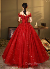 Red Scoop Ball Gown Shiny Tulle Off Shoulder Party Dresses, Red Sweet 16 Dresses Formal Dresses