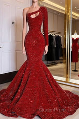 Red Sequined Black Girls Mermaid Evening Prom Dresses Plus Size One Shoulder Long Sleeve Sequined Keyhole Evening Prom Gowns