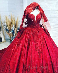 Red Sequins Lace Wedding Dresses Ball Gown Long Sleeves