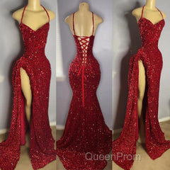 Red Sequins Evening Prom Dresses High Slit Halter Sleeveless Sparkly Long Party Evening Dresses for Black Girls
