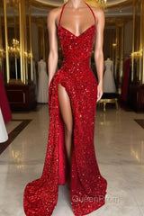 Red Sequins Evening Prom Dresses High Slit Halter Sleeveless Sparkly Long Party Evening Dresses for Black Girls