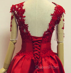 Red Short Sleeves Satin And Applique Homecoming Dresses, Red Short Evening Prom Dresses, Formal Dresses