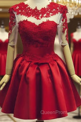 Red Short Sleeves Satin And Applique Homecoming Dresses, Red Short Evening Prom Dresses, Formal Dresses
