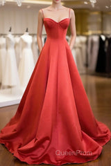 Red Spaghetti Strap Satin Long Evening Prom Dresses, Simple A-Line Evening Party Dresses