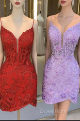 Red Spaghetti Straps Applique Tight Homecoming Dresses