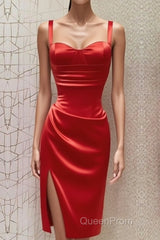 Red Sweetheart Neckline Slit Homecoming Dresses Midi Evening Prom Dresses