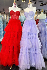 Red Sweetheart Sequins Top Multi-Layers Long Evening Prom Dresses,Tiered Formal Dresses