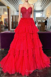 Red Sweetheart Sequins Top Multi-Layers Long Evening Prom Dresses,Tiered Formal Dresses