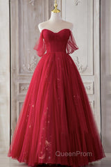 Red Sweetheart Tulle Long Beautiful Evening Prom Dresses, Wine Red Party Dresses Evening Gown