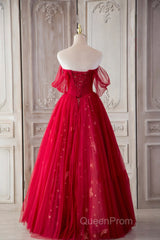 Red Sweetheart Tulle Long Formal Dresses, Red Off Shoulder Party Dresses Evening Prom Dresses