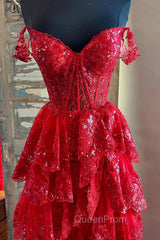 Red Sweetheart Tulle Off Shoulder Layers Long Party Dresses, A-Line Red Tulle Evening Prom Dresses