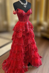 Red Sweetheart Tulle Off Shoulder Layers Long Party Dresses, A-Line Red Tulle Evening Prom Dresses