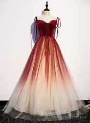 Red Sweetheart Velvet and Tulle Straps Long Party Dress, Gradient Tulle A-line Prom Dress