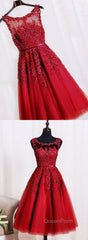 Red Tea Length Round Homecoming Dresses, Lace Applique Red Party Dresses, Vintage Style Evening Prom Dresses