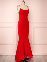 Red Thin Straps Mermaid Backless Long Evening Prom Dresses, Red Mermaid Formal Dresses, Red Evening Dresses