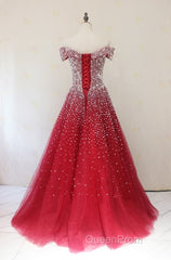 Red Tulle Beaded Off The Shoulder Long Party Gown, Red Formal Dresses