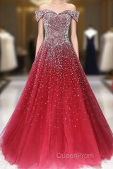 Red Tulle Beaded Off The Shoulder Long Party Gown, Red Formal Dresses