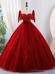 Red Tulle Beading Short Sleeve Quinceanera Dress