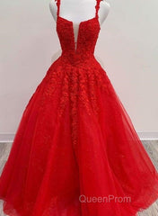 Red Tulle Lace Appliques Long Evening Prom Dresses A Line Formal Evening Dresses