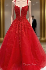 Red Tulle Lace Appliques Long Evening Prom Dresses A Line Formal Evening Dresses