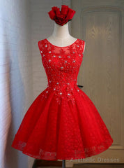 Red Tulle Lace Beading Knee Length Dress