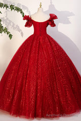 Red Tulle Sequins Long Formal Dress, Off the Shoulder Evening Dress