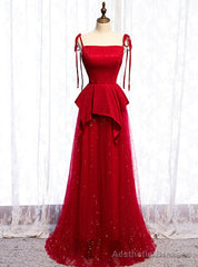 Red Tulle Spagehtti Straps Sequins Long Prom Dress