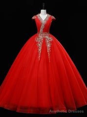 Red Tulle V-neck Cap Sleeve Sequins Beading Quinceanera Dress