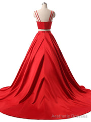 Red Two Pieces Satin Long Prom Dress, Red Satin Formal Evening Dress