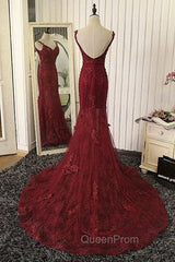 Red V Neck Lace Mermaid Long Evening Prom Dresses, Red Evening Dresses