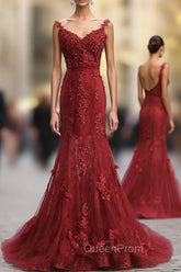 Red V Neck Lace Mermaid Long Evening Prom Dresses, Red Evening Dresses