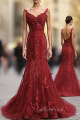 Red V Neck Lace Mermaid Long Evening Prom Dresses, Red Evening Dresses