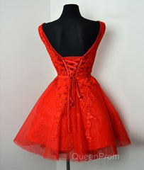 Red v neck lace tulle short Evening Prom Dresses, red homecoming Dresses