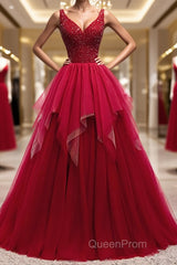 Red V Neck Long Evening Prom Dresses with Corset Back, Red Floor Length Evening Prom Gown, Evening Dresses