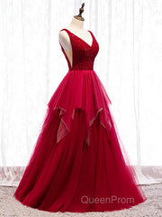 Red V Neck Long Evening Prom Dresses with Corset Back, Red Floor Length Evening Prom Gown, Evening Dresses