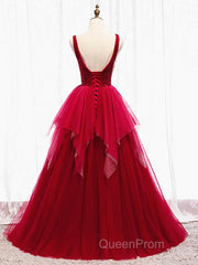 Red V Neck Long Evening Prom Dresses with Corset Back, Red Floor Length Evening Prom Gown, Evening Dresses