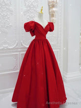 Red V Neck Satin Long Prom Dress, Red Formal Evening Dresses