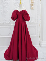 Red V Neck Satin Long Prom Dress, Red Puff Sleeves Satin Long Formal Dress