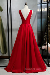 Red v neck satin long Evening Prom Dresses simple red evening Dresses